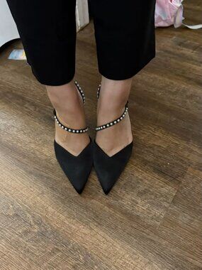 Bridal Pearl Satin Heels Women Pointed Toe Stiletto Ankle Strap Wedding Pumps